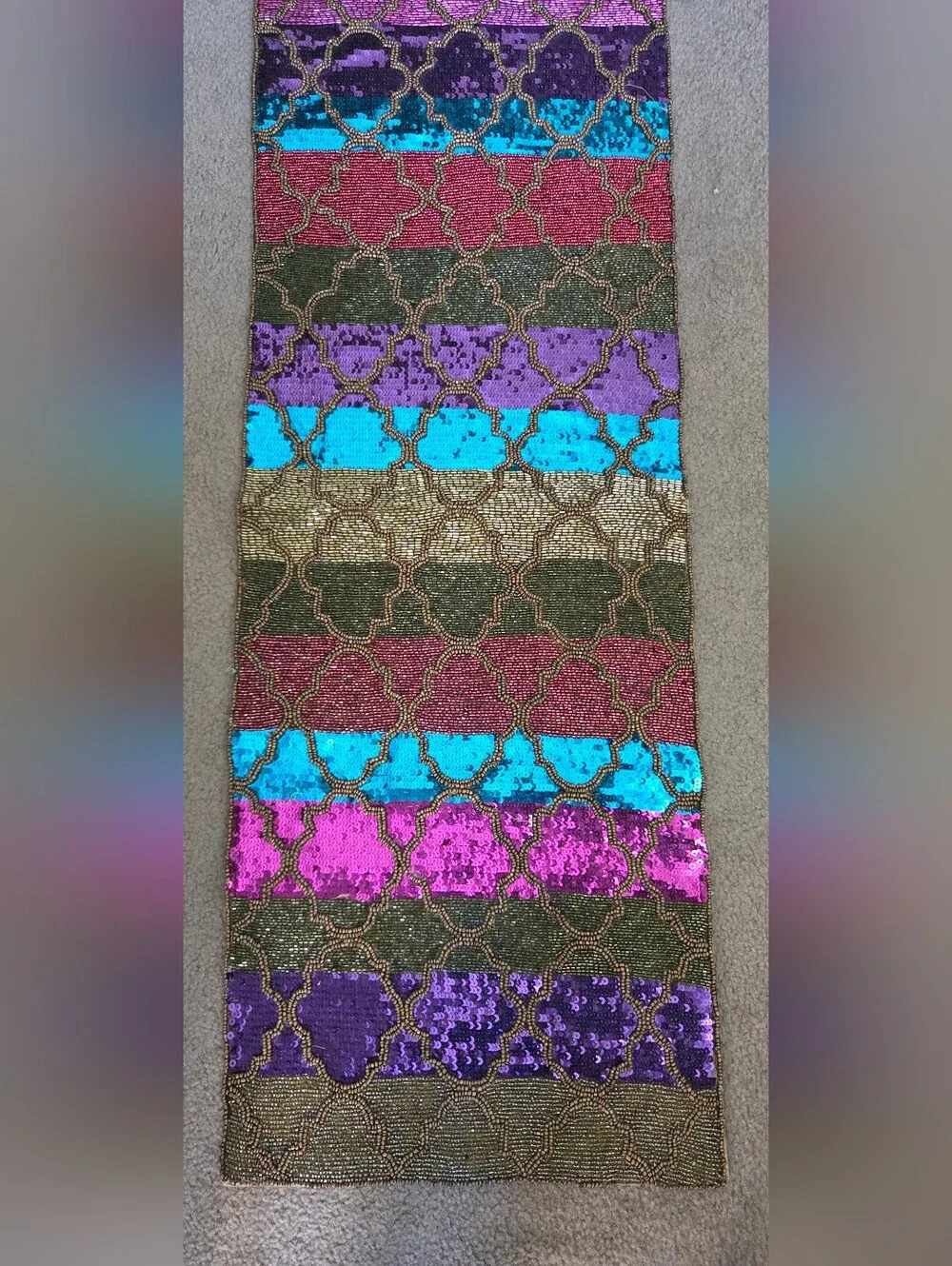 Vintage Pier 1 Imports Beaded & Sequined Table Runner 36X13 Vibrant Color block